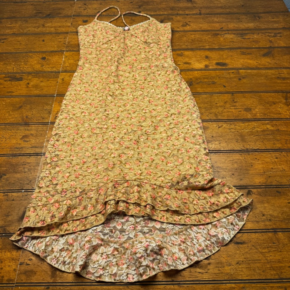Taboo Vintage Floral Lace High Low Ruffle Midi Dress Tan Pink DJ132191 Small